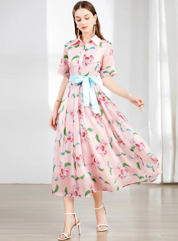 SHORT SLEEVE PRINTED LAPEL DRESS WITH BELT