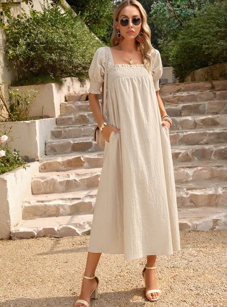SOLID COLOR SQUARE NECK LONG DRESS