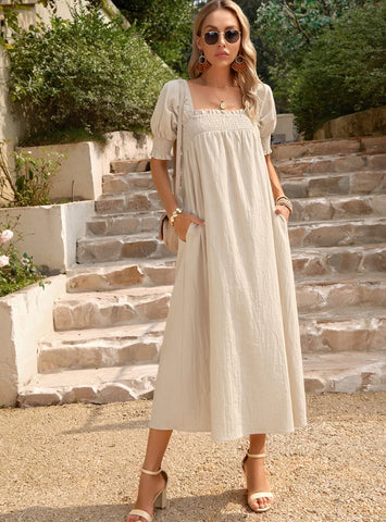 SOLID COLOR SQUARE NECK LONG DRESS