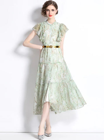 ROUND NECK LOTUS LEAF SHORT SLEEVE PRINTED DRESS