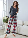 CLASSY LONG SLEEVE PLAID PAJAMAS SUIT