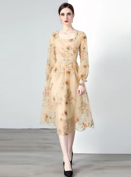 HEAVY EMBROIDERY LONG SLEEVE DRESS