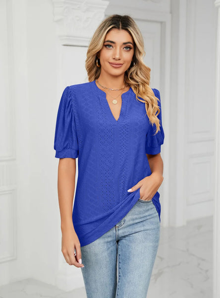 CASUAL V-NECK HOLLOW BUBBLE SLEEVE LOOSE T-SHIRT