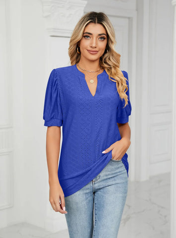 CASUAL V-NECK HOLLOW BUBBLE SLEEVE LOOSE T-SHIRT