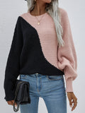 FASHION BAT SLEEVE COLOR MATCHING ROUND NECK SWEATER