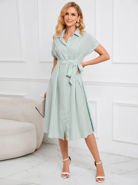 LAPEL V-NECK STRIPED DRESS WITH BELT