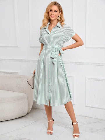 LAPEL V-NECK STRIPED DRESS WITH BELT