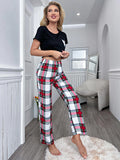 FASHION SUMMER SHORT SLEEVE PLAID TROUSERS S