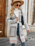 STYLISH HOODED PLAID KNIT CARDIGAN STRIPED SWEATER