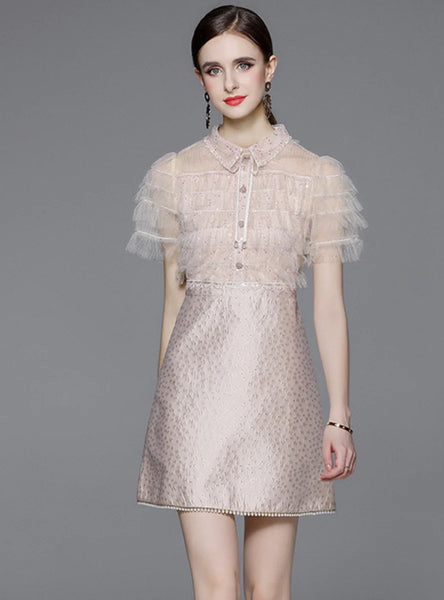 SEQUINED MESH BEADED JACQUARD DRESS