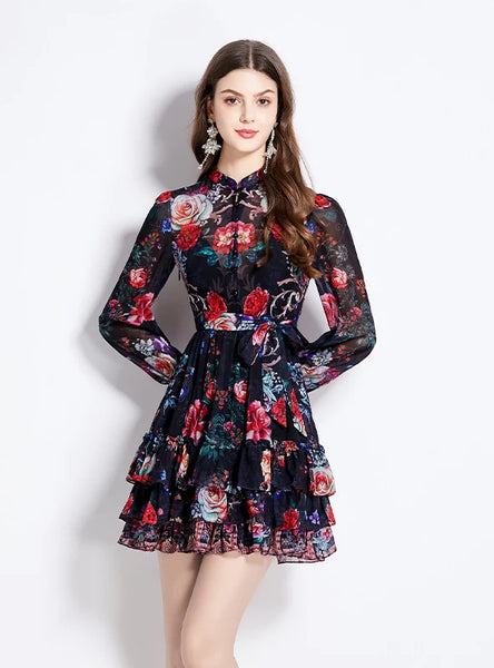 CHIFFON HIGH-NECKED LANTERN SLEEVE MINI DRESS