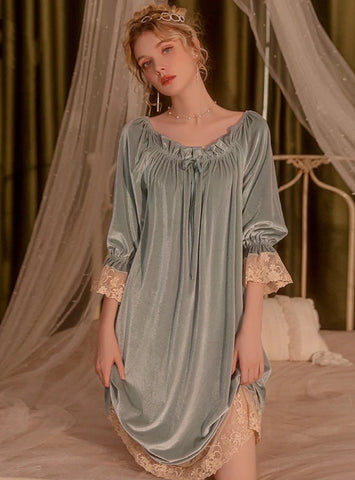 FASHION SOLID COLOR VELVET LACE V-NECK LOOSE NIGHTGOWN