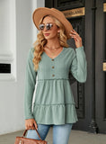 SOLID COLOR V-NECK BUTTON LOOSE LONG SLEEVE T-SHIRT