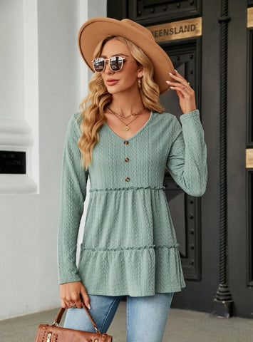 SOLID COLOR V-NECK BUTTON LOOSE LONG SLEEVE T-SHIRT