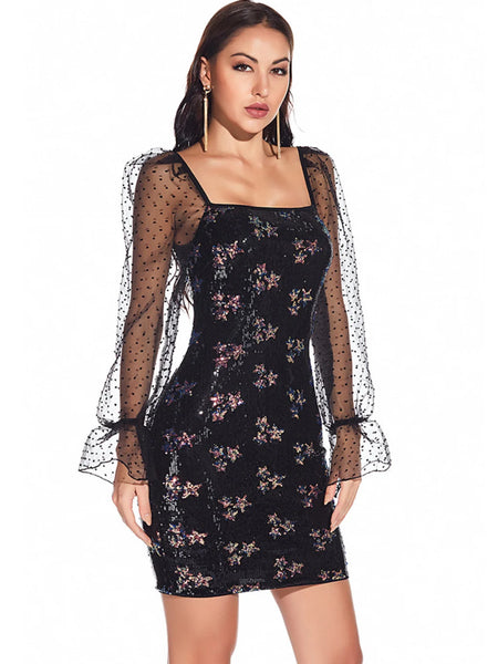 MESH LONG SLEEVE SEQUINED DRESS
