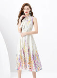 RIBBON SLEEVELESS RETRO PRINT DRESS