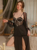 FASHION SPLIT V-NECK PERSPECTIVE LACE SATIN NIGHTGOWN