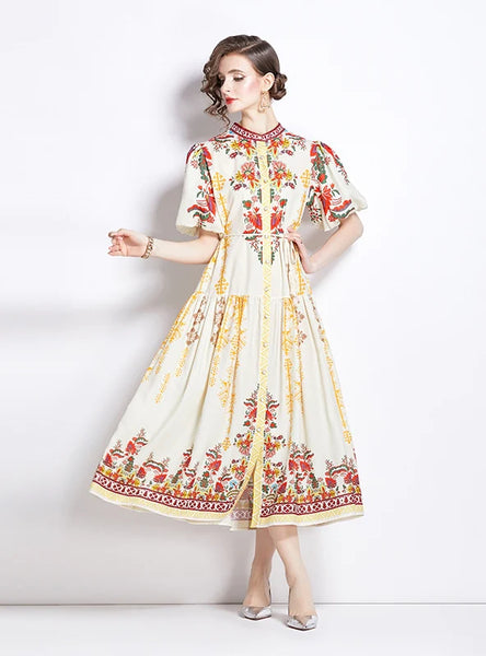 RETRO STAND-UP COLLAR LANTERN SLEEVE PRINTED DRESS