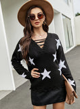 STYLISH LEISURE FIVE-STAR JACQUARD DRAWSTRING PULLOVER SWEATER