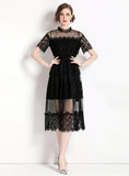 MESH STITCHING LONG LACE SHORT SLEEVE DRESS