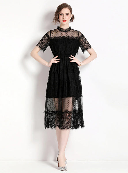 MESH STITCHING LONG LACE SHORT SLEEVE DRESS