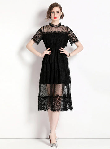 MESH STITCHING LONG LACE SHORT SLEEVE DRESS
