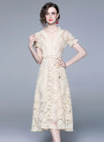 SHORT-SLEEVED LACE V-NECK DRESS