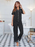 FASHION PLAID TOP SHORT SLEEVE TROUSERS PAJAMAS SUIT