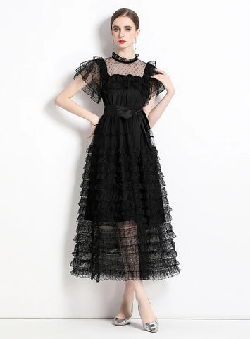 LOTUS LEAF LACE GAUZE POLKA-DOT CAKE DRESS