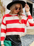 FASHION SHORT ROUND NECK STRIPED CONTRAST SWEATER
