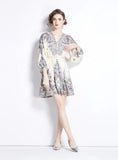 RETRO PRINTED V-NECK LONG SLEEVE DRESS