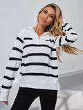 CLASSY HIGH NECK STRIPED LONG SLEEVE ZIPPER SWEATER