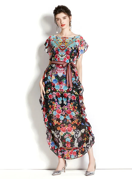 PRINTED CHIFFON RUFFLED RETRO DRESS