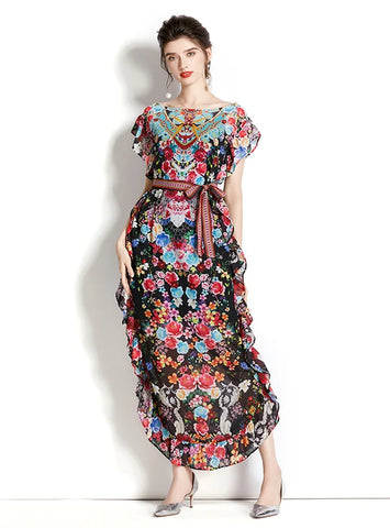 PRINTED CHIFFON RUFFLED RETRO DRESS