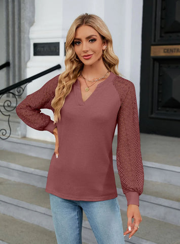 WAFFLE LACE STITCHING LONG SLEEVE V-NECK T-SHIRT