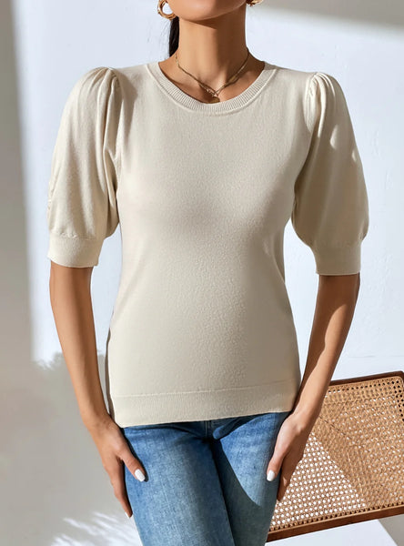 FASHION KNIT PLEATED SHORT SLEEVE SOLID COLOR SWEATER