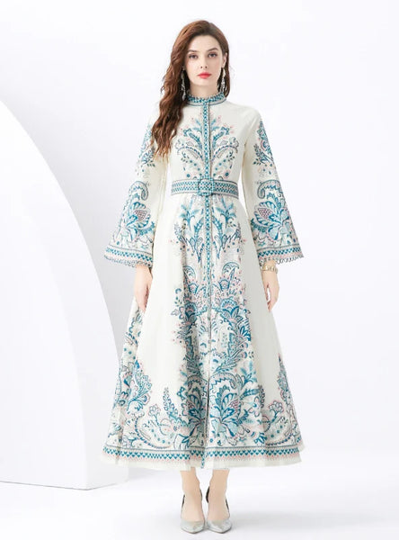 PALACE TRUMPET SLEEVE PRINTED LONG DRESS