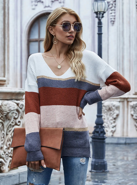 CLASSY STRIPED V-NECK PULLOVER SWEATER