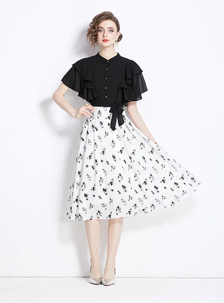 RETRO BLACK MOSAIC FLORAL SHORT SLEEVE DRESS