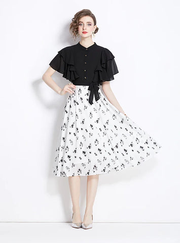 RETRO BLACK MOSAIC FLORAL SHORT SLEEVE DRESS