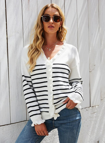 FASHION CARDIGAN STRIPED BUTTON KNIT PLUS SIZE SWEATER
