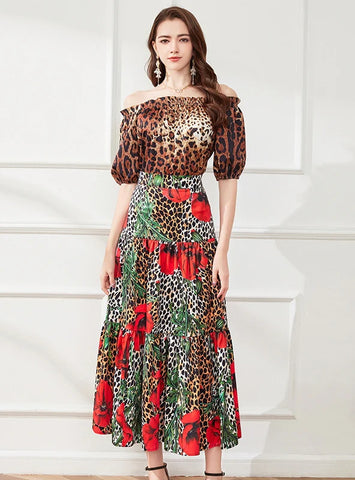 LEOPARD PRINT SHORT-SLEEVED SHIRT+FLOWER SKIRT SUIT