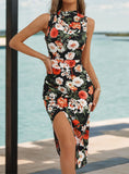 PRINTED SLIM SLEEVELESS SLIT DRESS