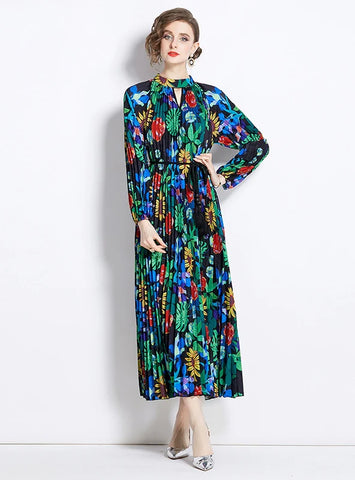 PRINTED PLEATED FRINGED BELT DRESS