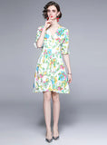 PRINTED V-NECK SHORT SLEEVE SLIM DRESS