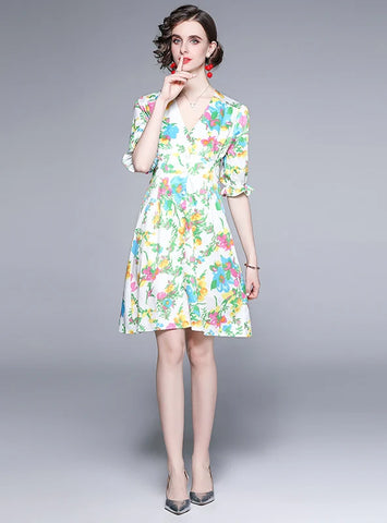 PRINTED V-NECK SHORT SLEEVE SLIM DRESS