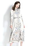 RETRO LAPEL LANTERN SLEEVE PRINTED DRESS