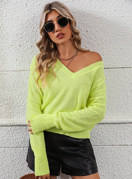 FASHION LONG SLEEVE V-NECK SOLID COLOR PULLOVER SWEATER