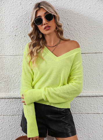 FASHION LONG SLEEVE V-NECK SOLID COLOR PULLOVER SWEATER