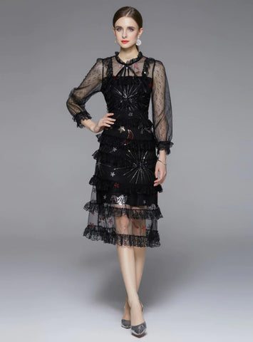 SEQUINED EMBROIDERED STAR LACE SLIM MESH DRESS